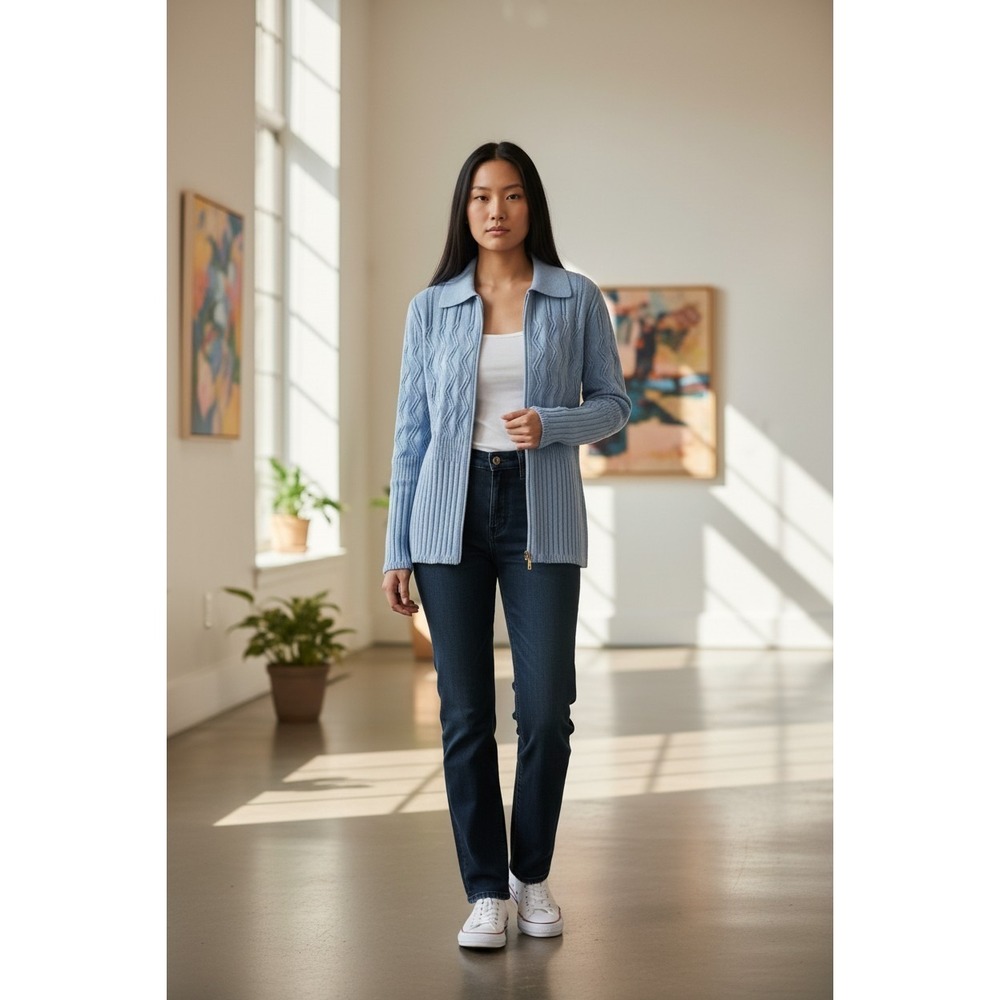 St John Collection Full Zip Cardigan Sweater-Light Blue-Size 8